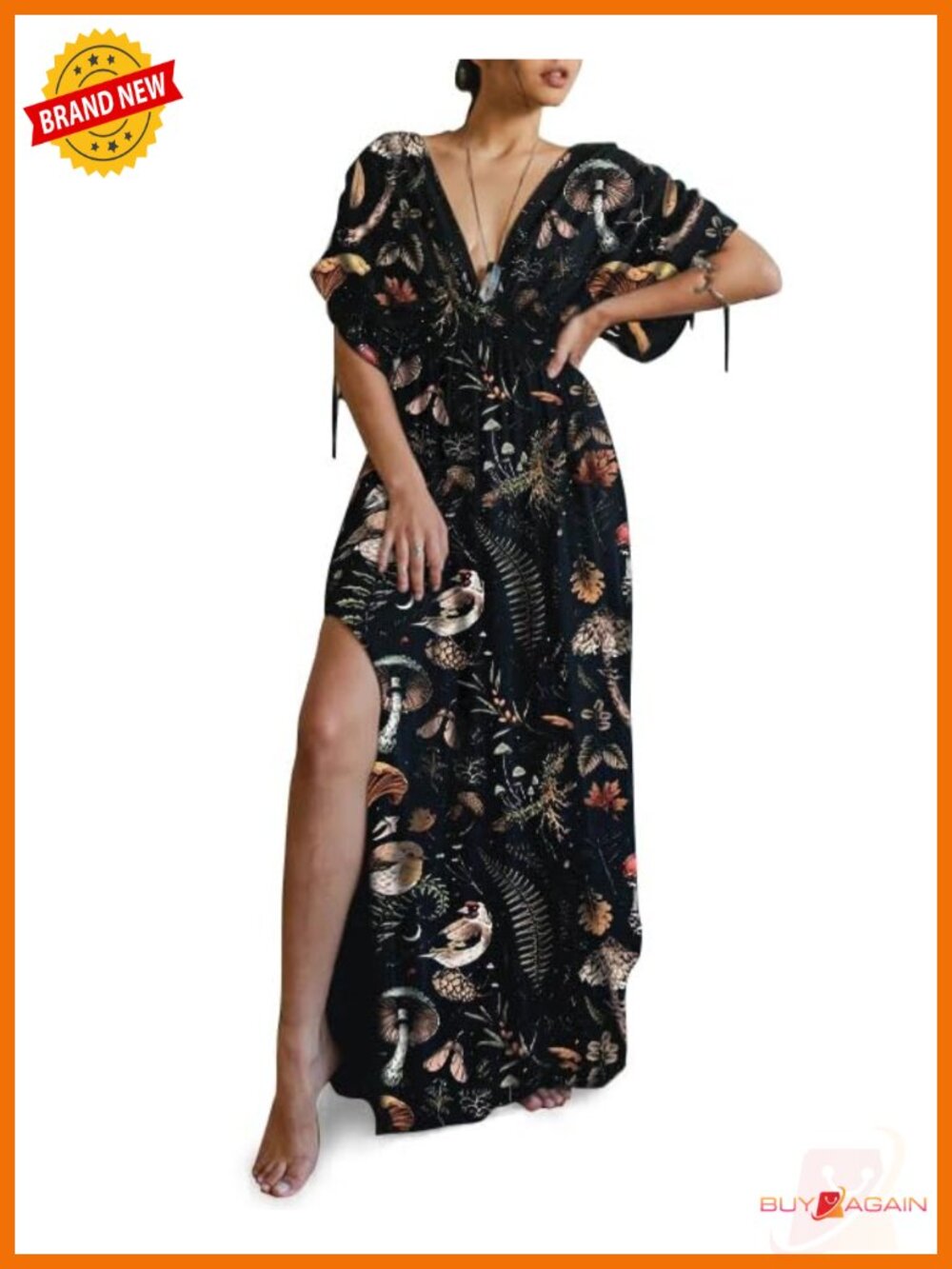 100% Cotton Whimsical Mushroom Print Maxi Dress V-Neck Side Slit Summer Vacation
